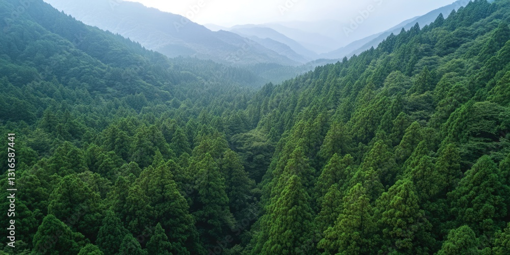 Fototapeta premium Scenic view of a mountainous forest with greenery and misty hills.