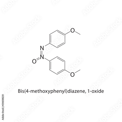 Bis(4-methoxyphenyl)diazene, 1-oxide skeletal structure. Azo Compound compound schematic illustration. Simple diagram, chemical formula.