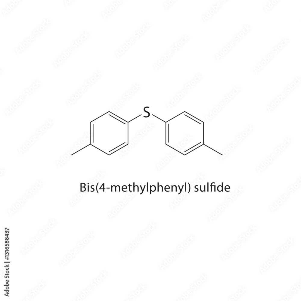 Bis(4-methylphenyl) sulfide skeletal structure. Sulfide compound schematic illustration. Simple diagram, chemical formula. Bis(4-methylphenyl) sulfide skeletal structure. Sulfide compound schematic illustration. Simple diagram, chemical formula.