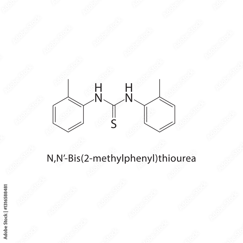 N,N’-Bis(2-methylphenyl)-thiourea skeletal structure. Thiourea compound schematic illustration. Simple diagram, chemical formula. N,N’-Bis(2-methylphenyl)-thiourea skeletal structure. Thiourea compound schematic illustration. Simple diagram, chemical formula.