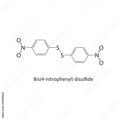 Bis(4-nitrophenyl) disulfide skeletal structure. Disulfide compound schematic illustration. Simple diagram, chemical formula.