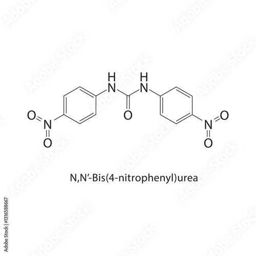N,N’-Bis(4-nitrophenyl)urea skeletal structure. Urea Derivative compound schematic illustration. Simple diagram, chemical formula.