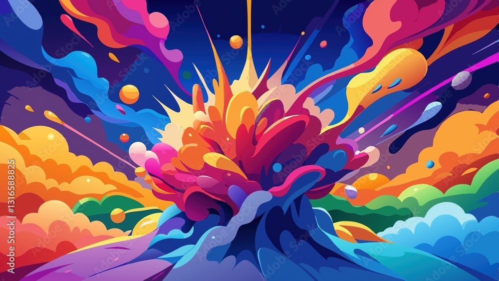 A Vibrant Explosion Of Joyous Colors Erupting From A Mystical Landscape, A Burst Of Pure Imagination With Bold, Saturated Hues And Dynamic Shapes A Vibrant Explosion Of Joyous Colors Erupting From A Mystical Landscape, A Burst Of Pure Imagination With Bold, Saturated Hues And Dynamic Shapes