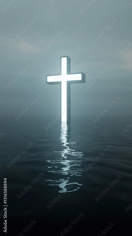 Mystical Cross Reflection in Water: Religious Symbol of Faith in Foggy, Serene, and Luminous Landscape Mystical Cross Reflection in Water: Religious Symbol of Faith in Foggy, Serene, and Luminous Landscape