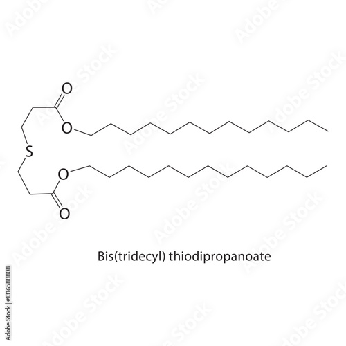 Bis(tridecyl) thiodipropanoate skeletal structure. Antioxidant compound schematic illustration. Simple diagram, chemical formula.