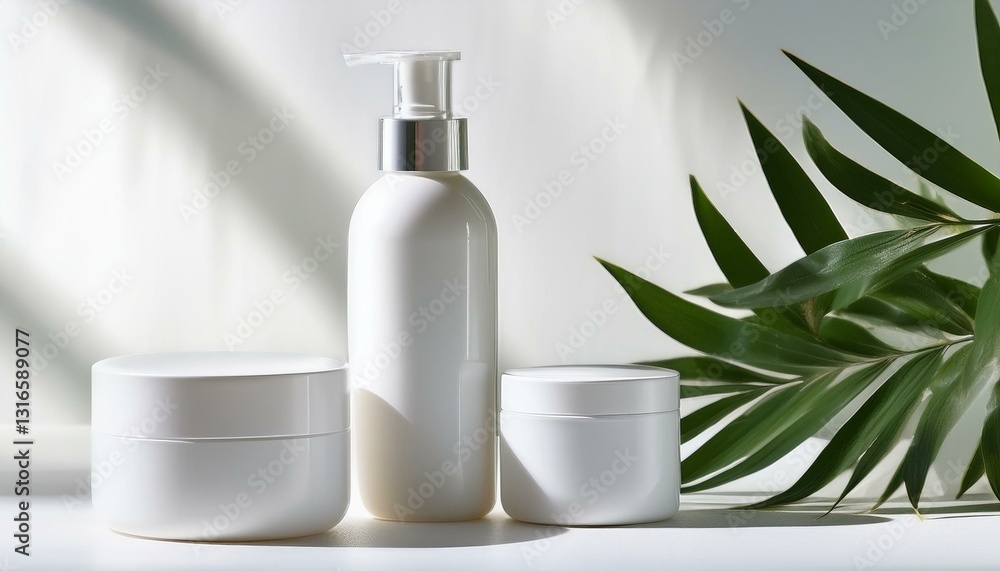 White cosmetic containers with plants, sunlight shadows on white background White cosmetic containers with plants, sunlight shadows on white background