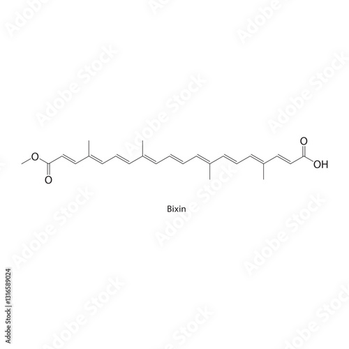 Bixin skeletal structure. Natural Pigment compound schematic illustration. Simple diagram, chemical formula.