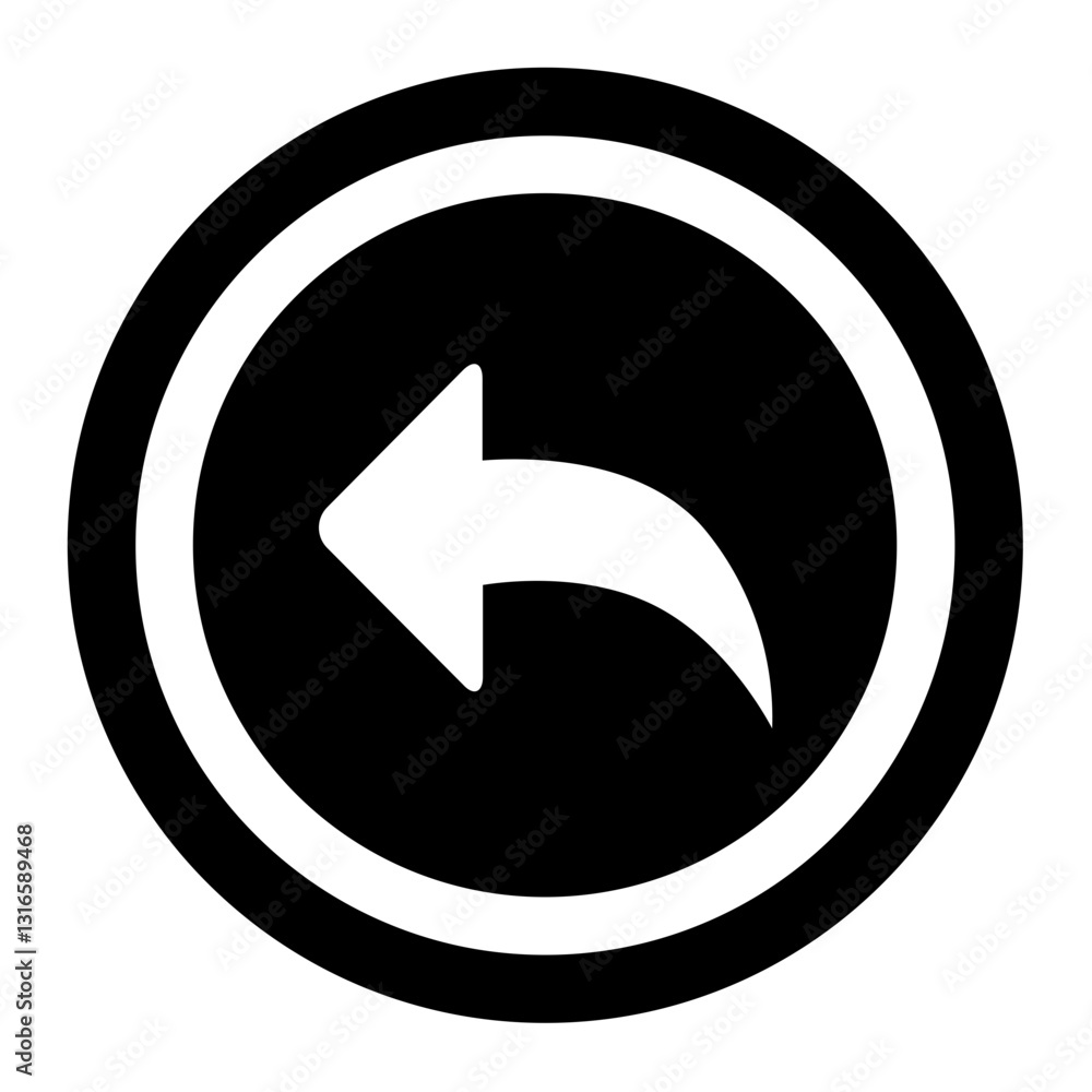 A Bold White Arrow Curving Left, Signaling A Return Or Previous Page, Within A Stark Black Circle Framed By A Crisp White Border A Bold White Arrow Curving Left, Signaling A Return Or Previous Page, Within A Stark Black Circle Framed By A Crisp White Border