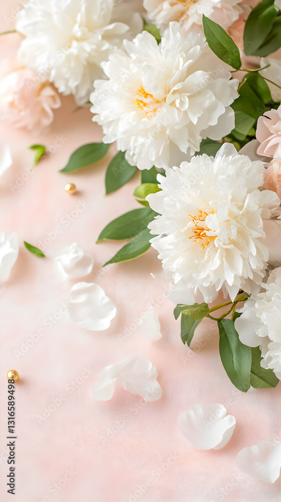 Obraz premium Elegant white peonies with lush petals and green leaves arranged on a soft pink background. Perfect for floral branding, wedding invitations, and romantic decorations. Selective focus