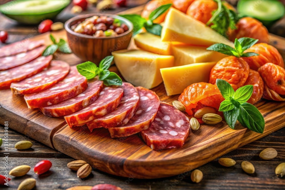 Savory salami, chorizo, and sweet melon harmonize on a picturesque charcuterie board, accented with crunchy nuts. Savory salami, chorizo, and sweet melon harmonize on a picturesque charcuterie board, accented with crunchy nuts.