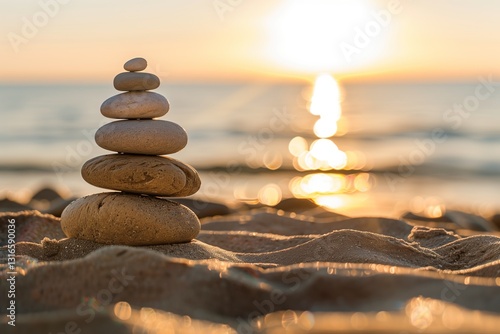 Fototapeta Naklejka Na Ścianę i Meble -  Stones of balance pyramid on the sea beach background. Balance and harmony concept. Photo with space for text.