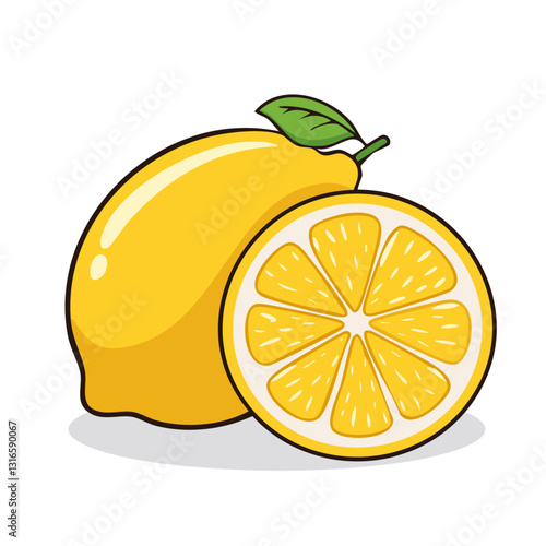 Lemon fruit and half vector illustration in color sketch style. Yellow citrus and slice for packaging and design