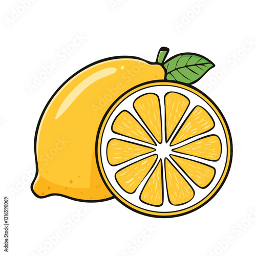 Lemon fruit and half vector illustration in color sketch style. Yellow citrus and slice for packaging and design