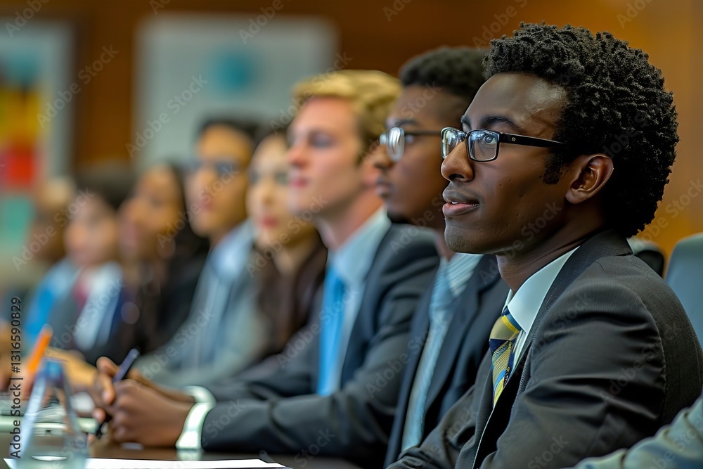 Diverse Group of Business Professionals in a High-Angle Boardroom Negotiation Diverse Group of Business Professionals in a High-Angle Boardroom Negotiation