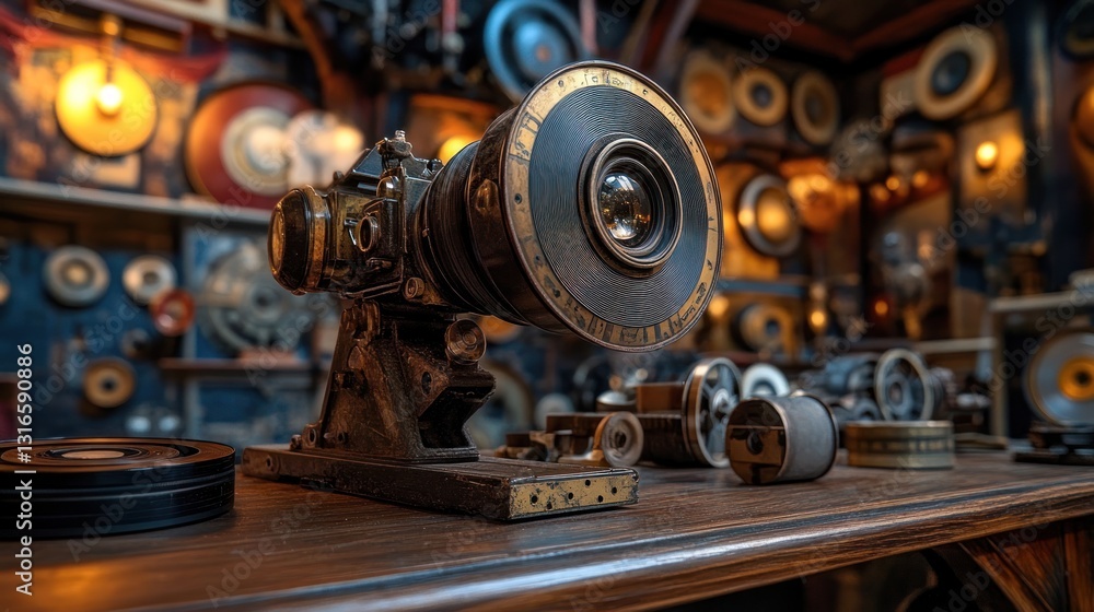 Fototapeta premium Vintage film projector on wooden table, antique shop