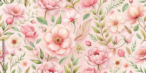 A Delicate Watercolor Floral Pattern Featuring Pastel Pink Blossoms and Lush Greenery, Ideal for Textile Design and Romantic Decor