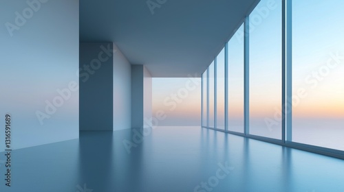 Modern minimalist office space with panoramic sunset view.