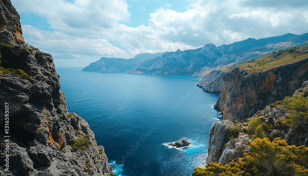 Stunning coastal view with rocky cliffs and deep blue sea. Stunning coastal view with rocky cliffs and deep blue sea.
