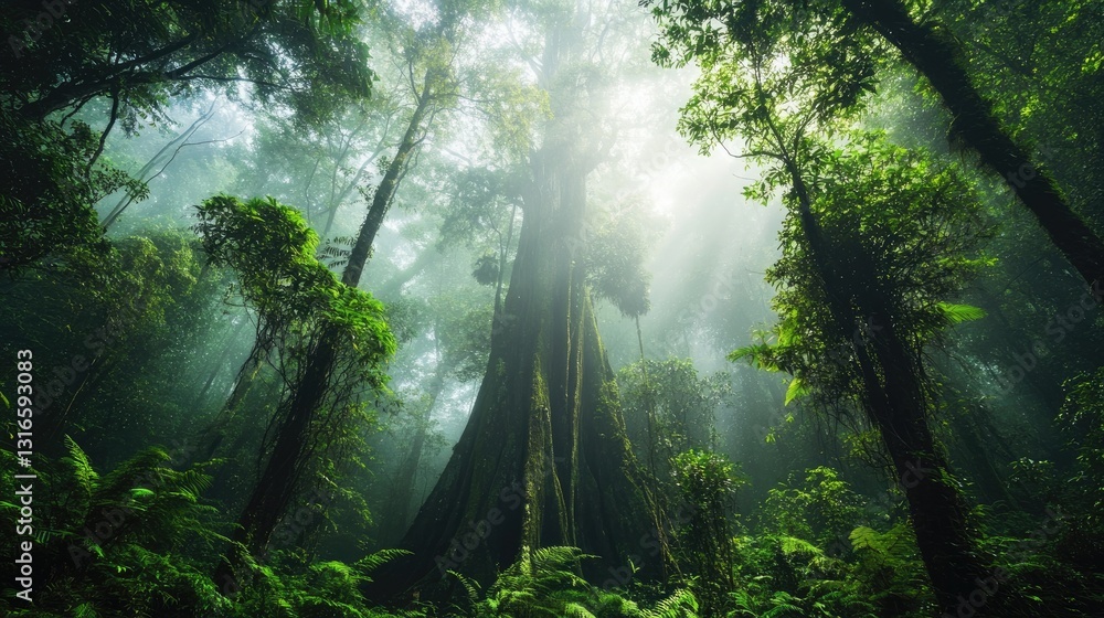 Fototapeta premium Sunlit rainforest canopy casting ethereal light on verdant jungle floor