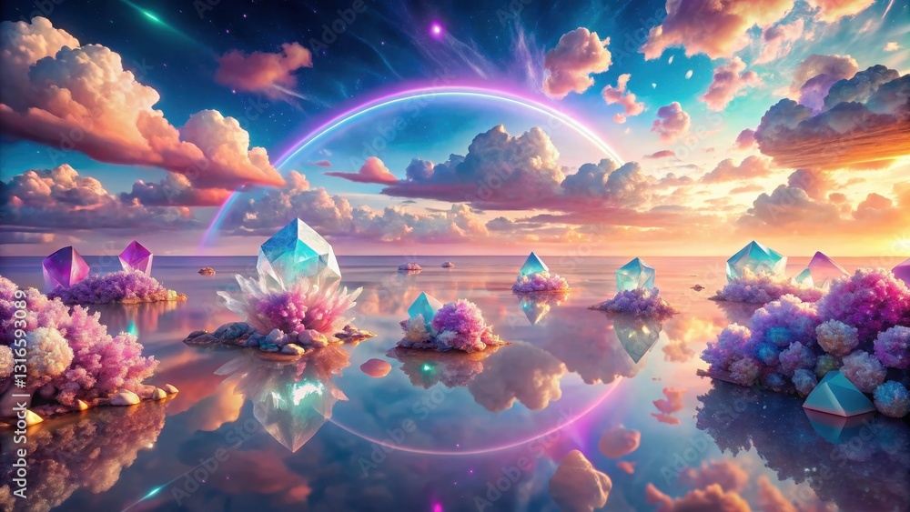 Serene Ocean Landscape with Iridescent Crystals at Sunset under a Magical Rainbow Arc Serene Ocean Landscape with Iridescent Crystals at Sunset under a Magical Rainbow Arc