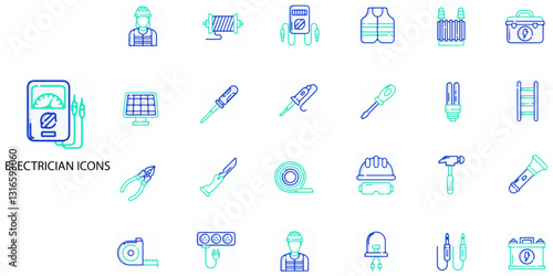 Electrician simple concept 24 colour icons set. Contains such Electricity, Electromagnetism, Instrumentation, Design, Study, Electronics, Telecommunications, Science. .Vector illustration.