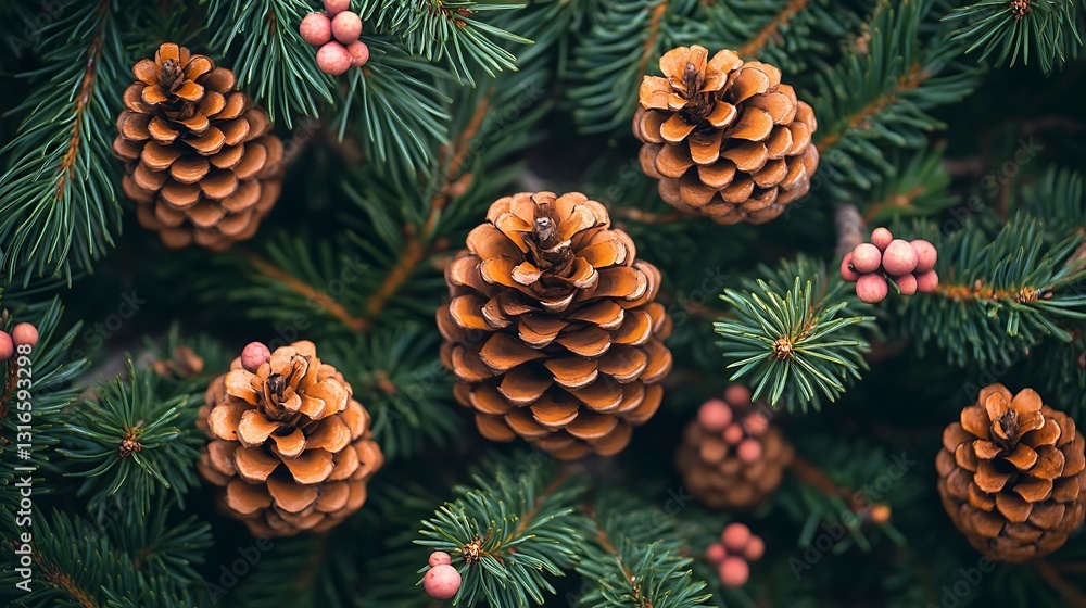 Pine Cones and Evergreen Branches Winter Nature Background Pine Cones and Evergreen Branches Winter Nature Background