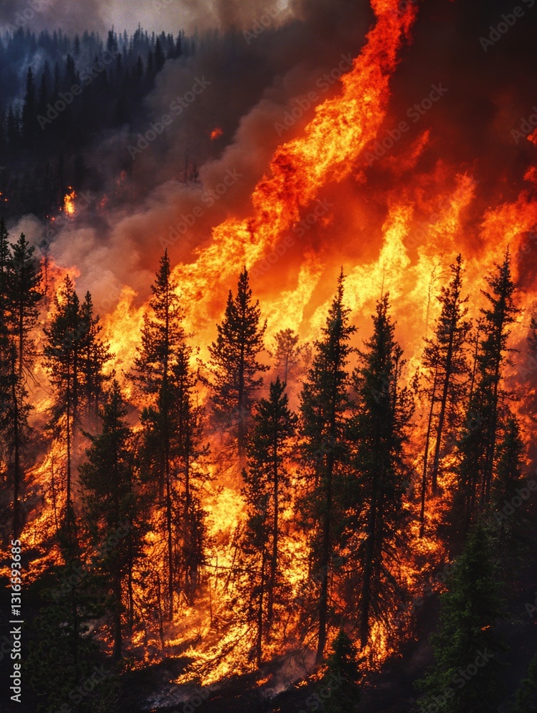 Wildfire engulfing evergreen forest Wildfire engulfing evergreen forest