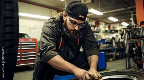 Young Hispanic man in a baseball cap working in an industrial workshop with machinery and equipment