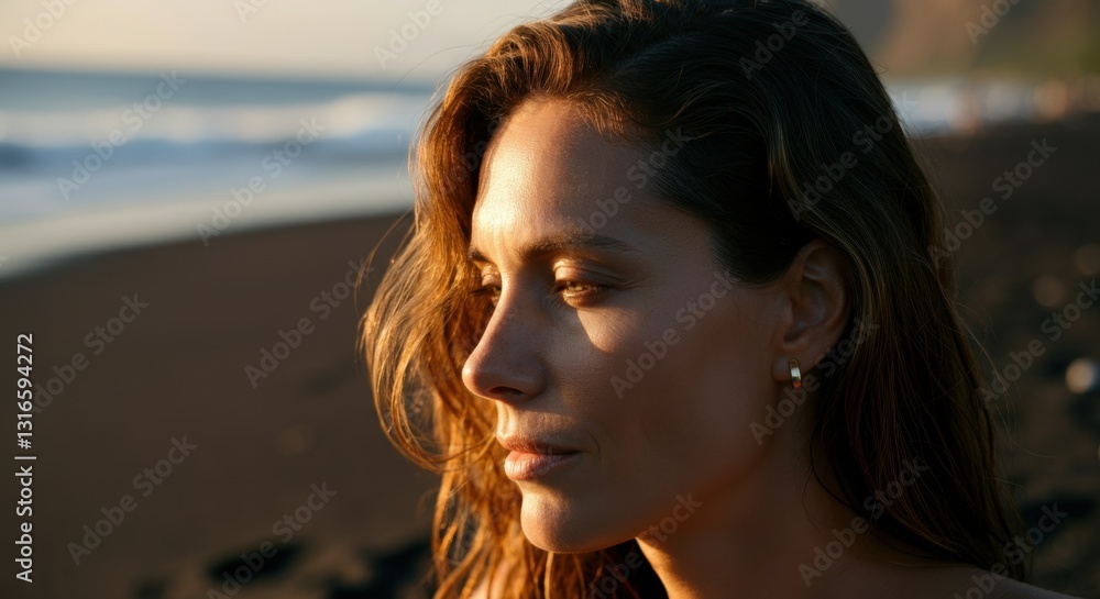 Young caucasian woman reflecting at sunset on a serene beach Young caucasian woman reflecting at sunset on a serene beach