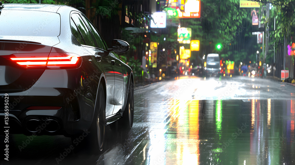 A black car driving through a rainy urban city street