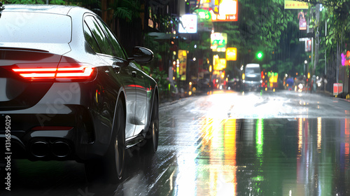Obraz na płótnie A black car driving through a rainy urban city street w salonie
