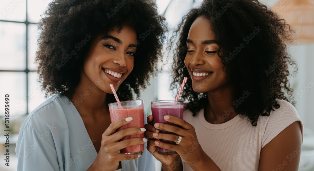 Two african female adults smiling and enjoying strawberry smoothies together Two african female adults smiling and enjoying strawberry smoothies together