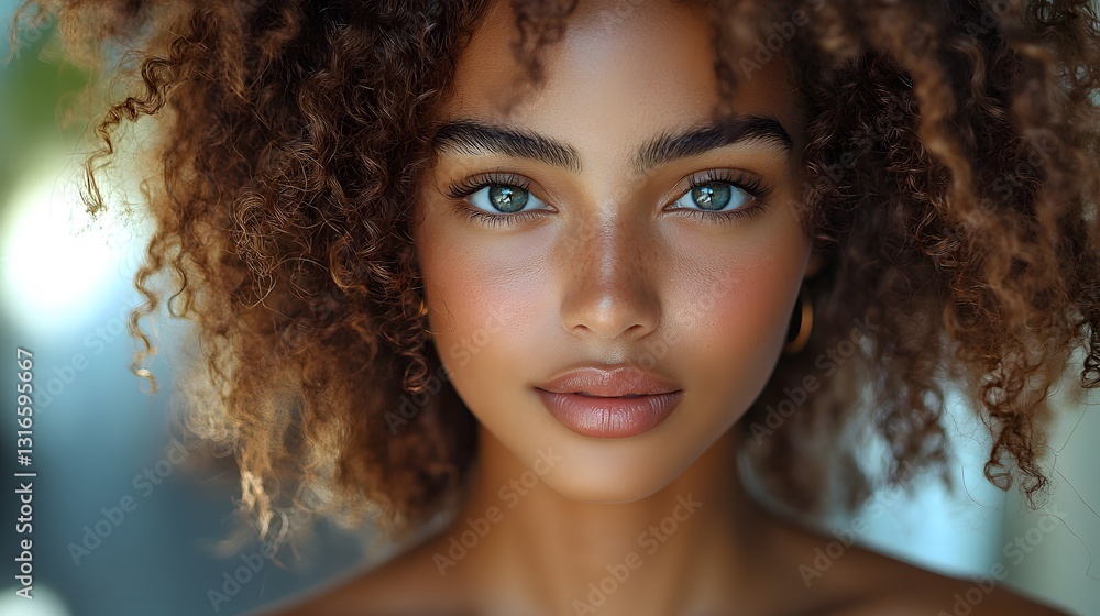 Fototapeta premium Natural-haired influencer showcasing a twist-out style, defined curls, soft bouncy look