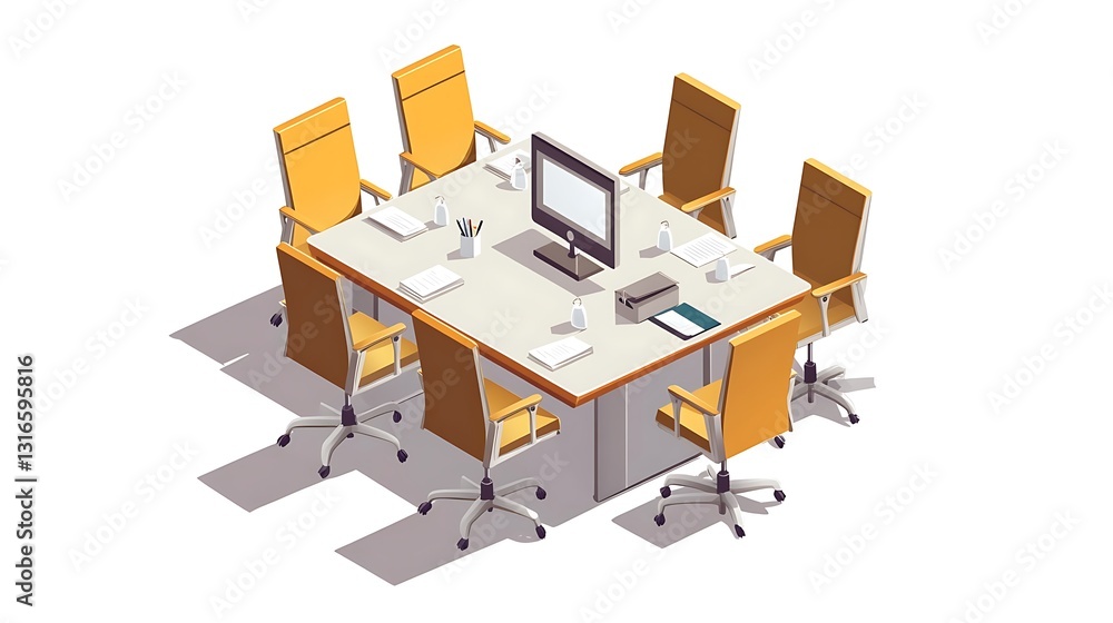 Isometric meeting table icon with swivel chairs, projector, and notepads on white background
Isometric meeting table icon with swivel chairs, projector, and notepads on white background