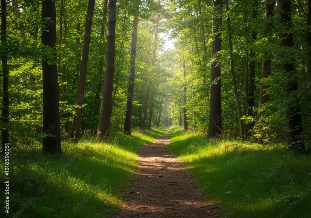 Obraz premium Walking Path Through a Green Forest with Sunlight Filtering Through Trees