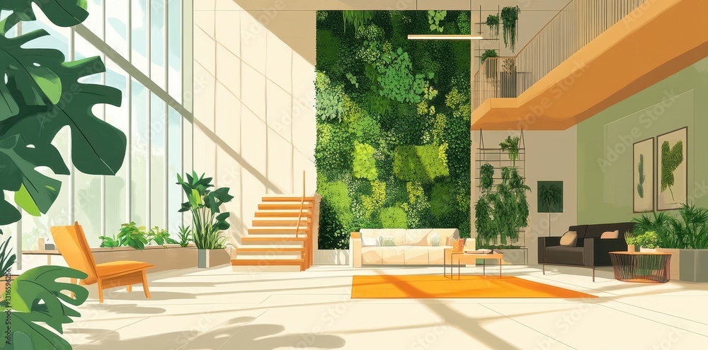 Fototapeta premium A Modern Interior Space Filled With Lush Greenery And Sunlight