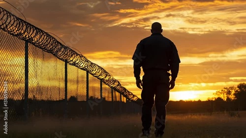 Man walking away from prison at sunset
