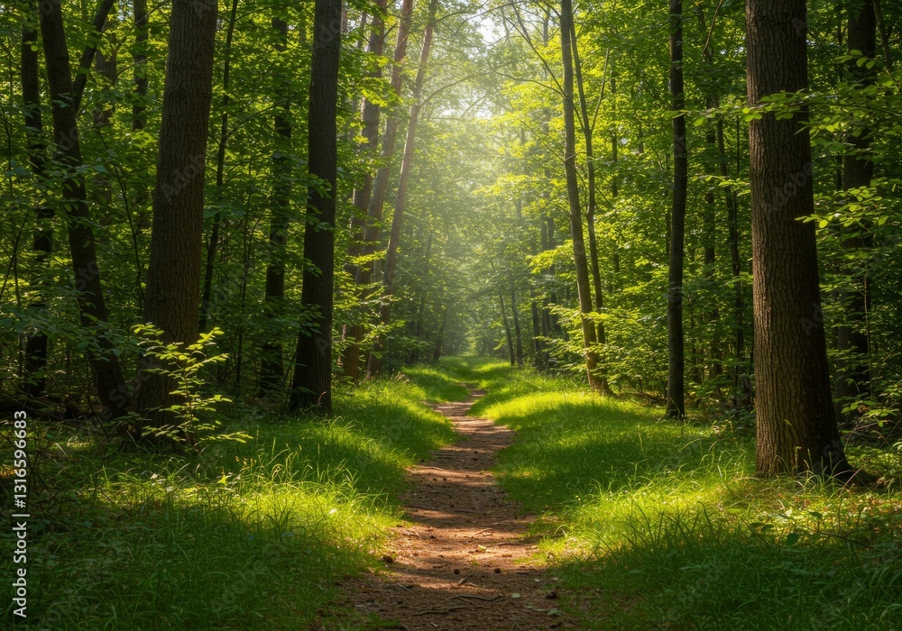 Fototapeta premium Walking Trail Through Forest with Sunlight Shining Through Green Trees