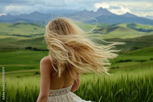 A beautiful woman with long blond hair, looking for beautiful landscape with green fields and mountains.