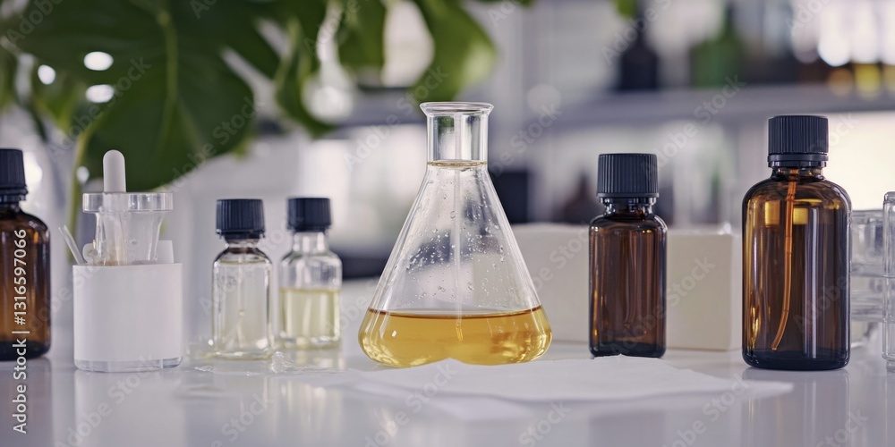 Various lab apparatus used for oil extraction and analysis, including a test tube filled with oil extract. Various lab apparatus used for oil extraction and analysis, including a test tube filled with oil extract.