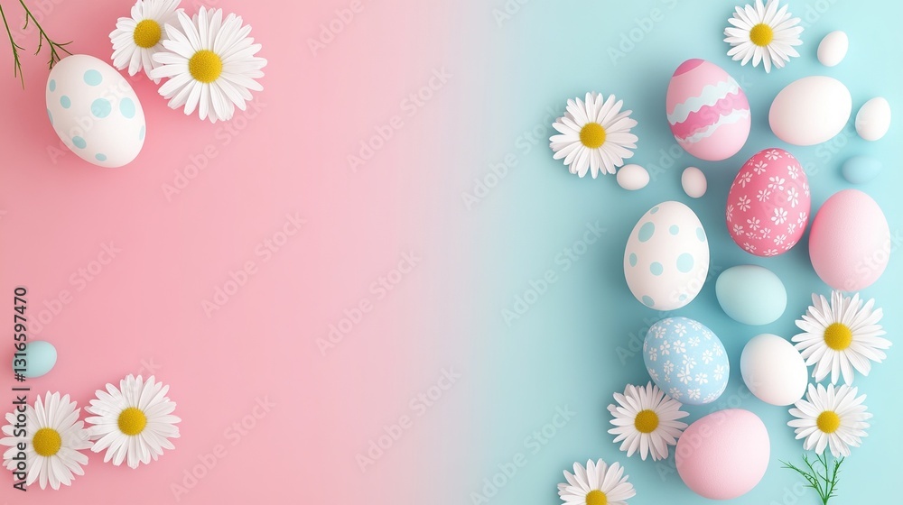 Easter background with pastel pink and blue colors, Easter eggs, white daisies, minimalistic, simple, with copy space, in a flat lay, top view, 3D rendered illustration Easter background with pastel pink and blue colors, Easter eggs, white daisies, minimalistic, simple, with copy space, in a flat lay, top view, 3D rendered illustration