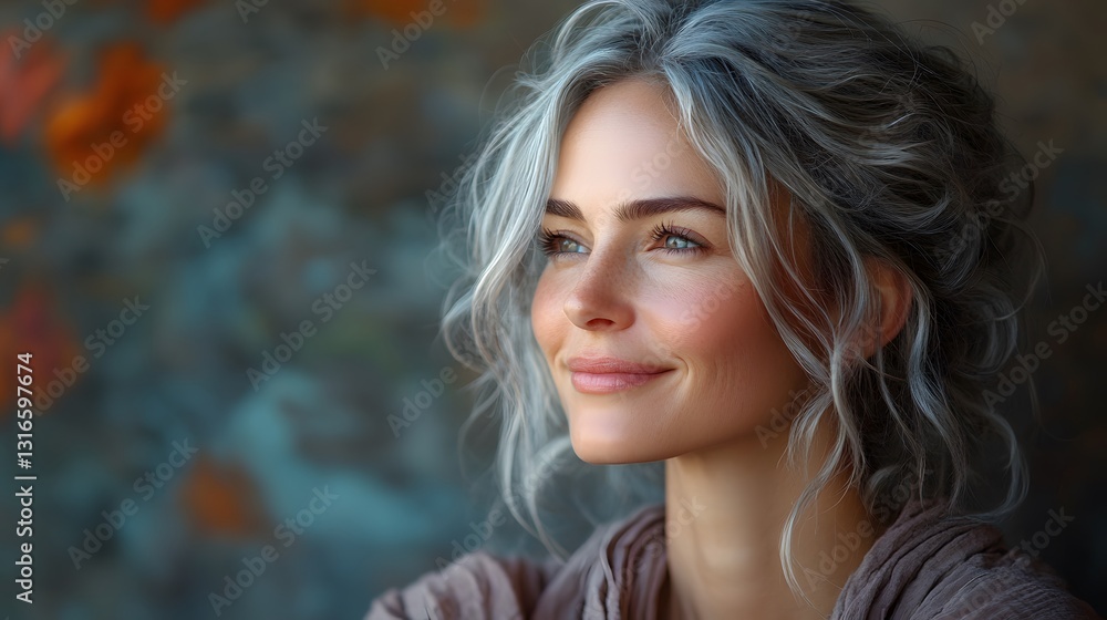 Side profile of a smiling woman with silver streaks in her hair, embracing change, natural beauty Side profile of a smiling woman with silver streaks in her hair, embracing change, natural beauty