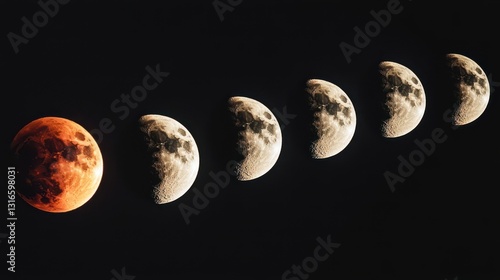 Blood moon and lunar cycle showing different phases in the night sky