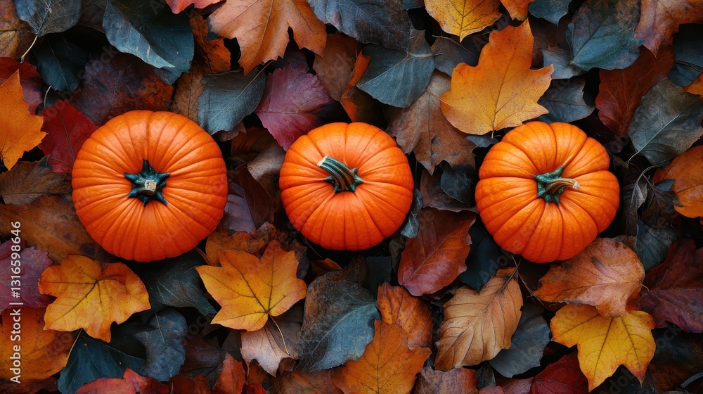 Three pumpkins rest on autumn leaves. Perfect for Thanksgiving, fall harvest themes, and autumnal designs. Three pumpkins rest on autumn leaves. Perfect for Thanksgiving, fall harvest themes, and autumnal designs.