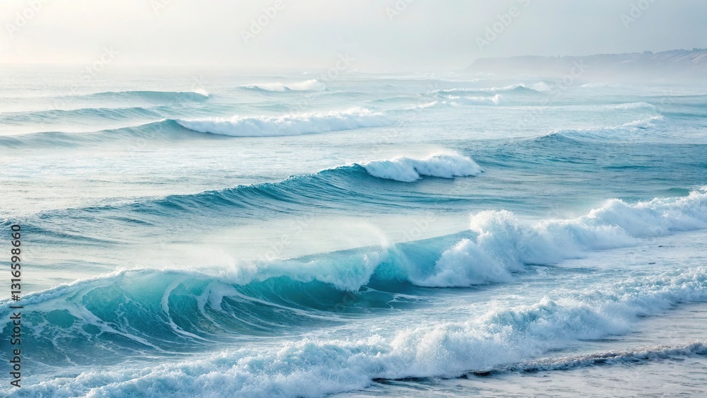 Majestic Ocean Waves Rolling In A Breathtaking Seascape Under A Soft, Hazy Sky Majestic Ocean Waves Rolling In A Breathtaking Seascape Under A Soft, Hazy Sky