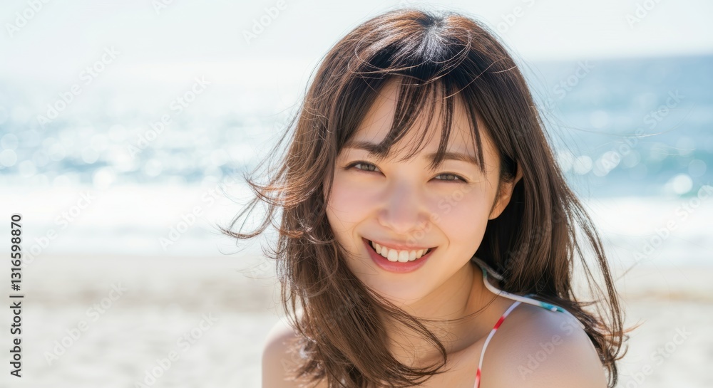 Asian young female smiling at beach with sunlit waves in the background Asian young female smiling at beach with sunlit waves in the background