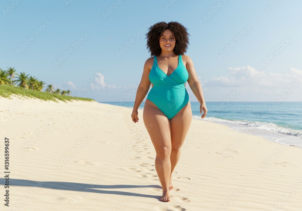 Woman Walking on Sandy Beach in Turquoise Swimsuit Under Clear Sky Woman Walking on Sandy Beach in Turquoise Swimsuit Under Clear Sky
