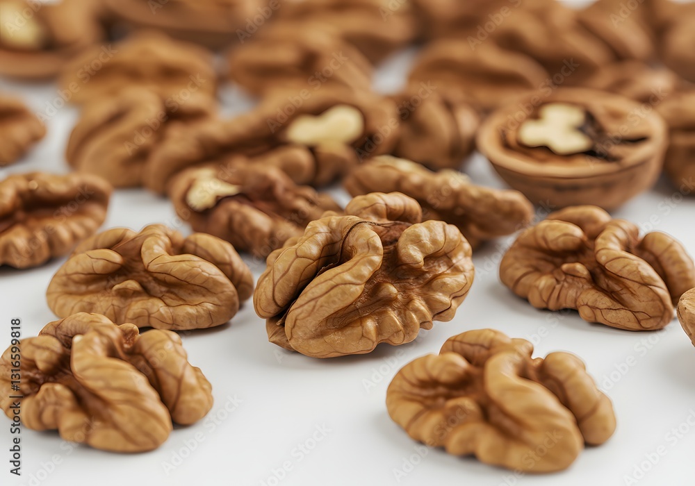 Walnut Halves Close-up on White Background for Healthy Eating Concepts Walnut Halves Close-up on White Background for Healthy Eating Concepts