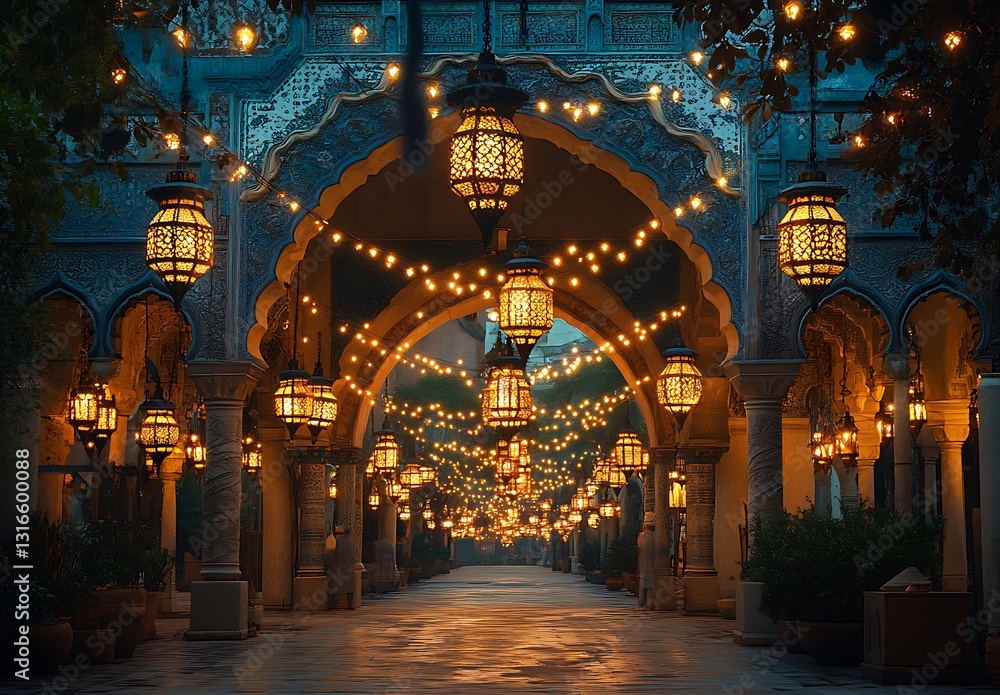 Obraz premium Glowing Archway with Ornate Lanterns and String Lights in the Evening
