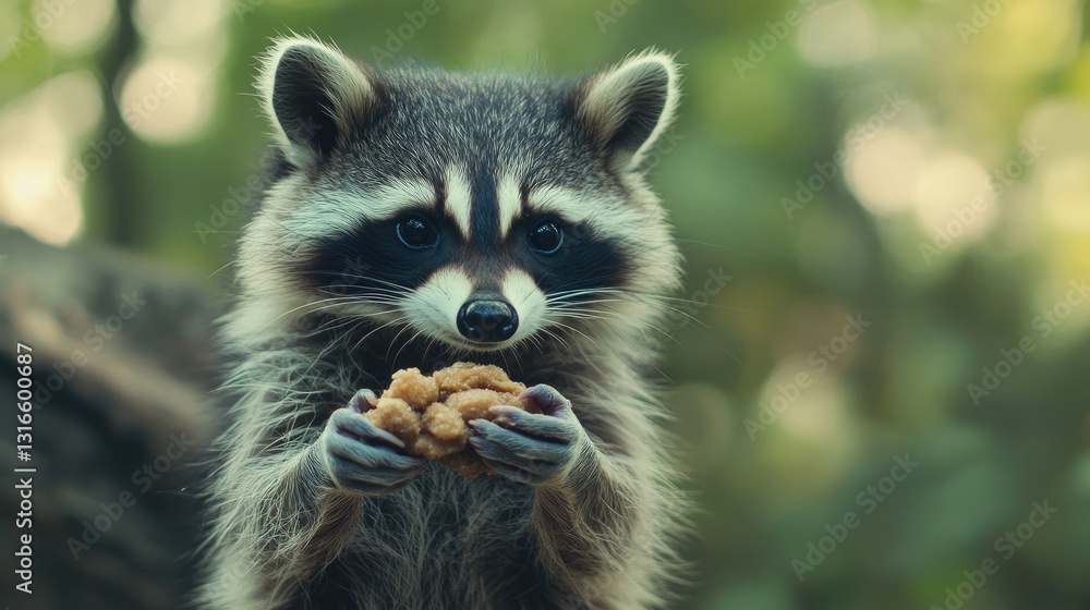 Fototapeta premium A captivating raccoon portrait holding a tasty snack in a lush forest setting